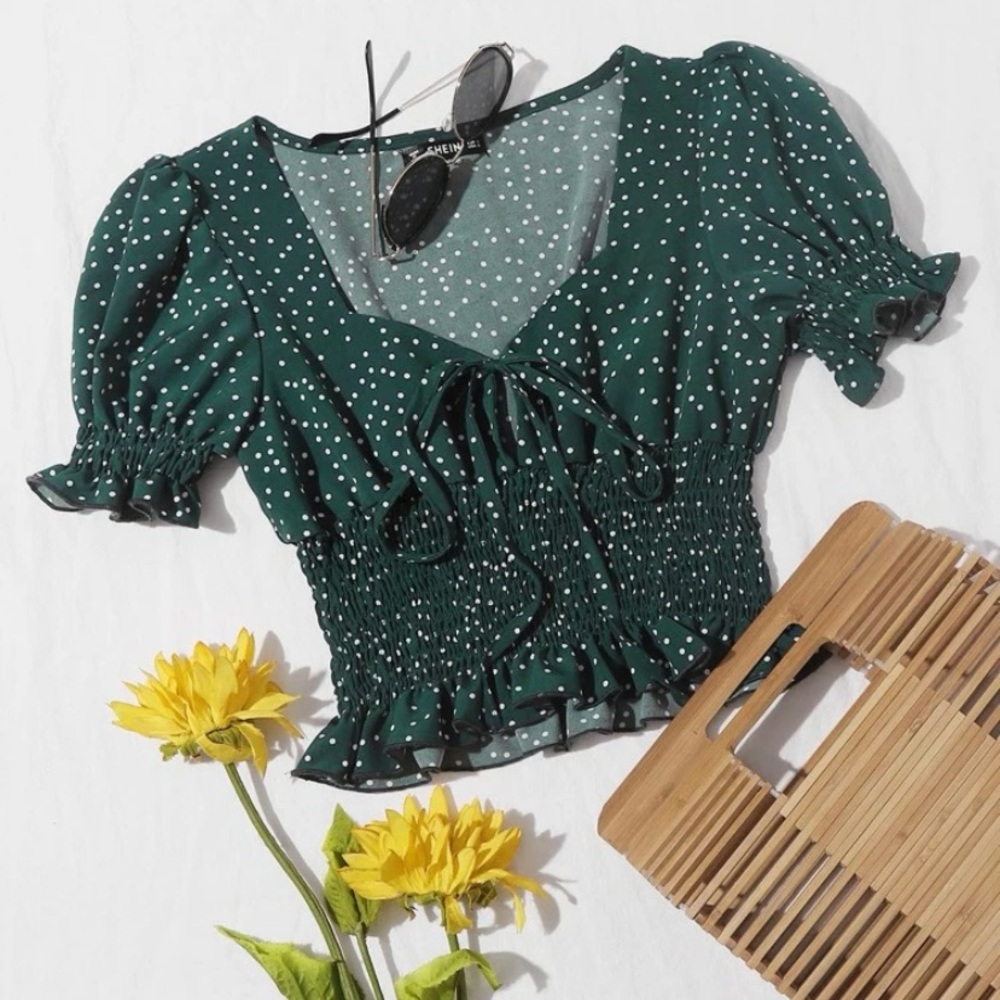 Ruffle Trim Shirred Polka-dot Print Top